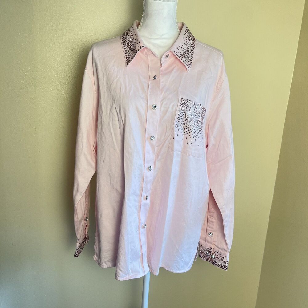 Quaker Factory Y2K Pink Western Bling Button Up Shirt XL Barbie Glam Cowgirl - Picture 11 of 16